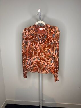 Printed Long-Sleeve V-Neck Blouse in Rust Multi with matching skirt
